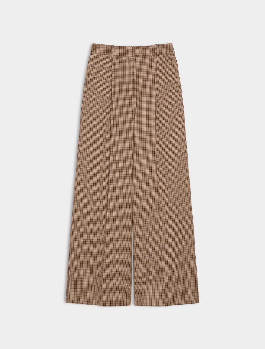 Brown check wide leg trousers on a white background