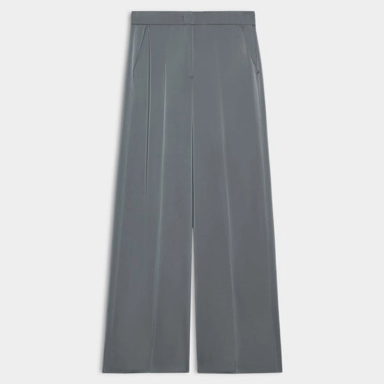 A pair of wide-leg gray trousers shown flat against a light gray background.