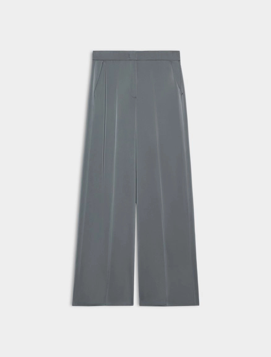 A pair of wide-leg gray trousers shown flat against a light gray background.