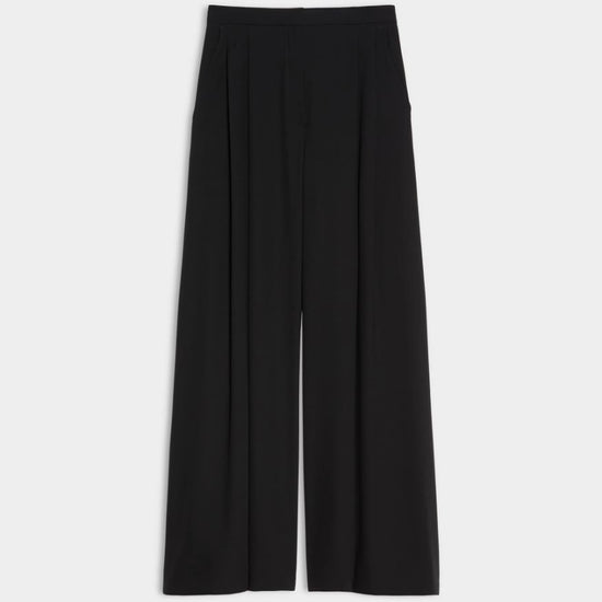 Black wide-leg cropped trousers with a high waist and front pleats, shown flat against a light gray background.