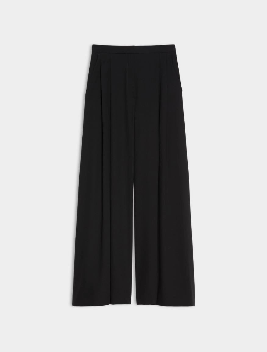 Black wide-leg cropped trousers with a high waist and front pleats, shown flat against a light gray background.