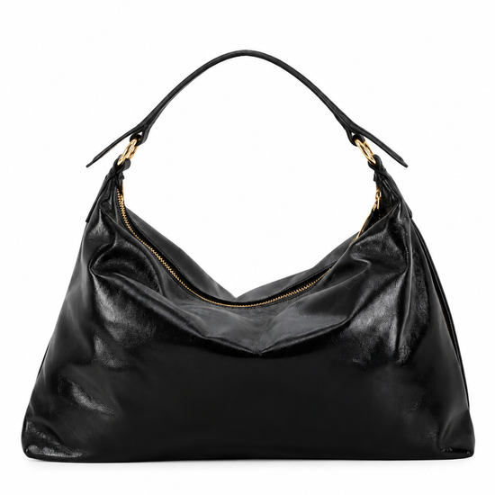 A black leather slouchy hobo handbag with gold-tone hardware and a single shoulder strap, photographed against a plain white background.