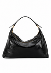 A black leather slouchy hobo handbag with gold-tone hardware and a single shoulder strap, photographed against a plain white background.