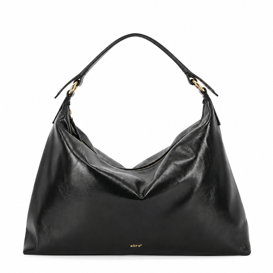A black leather slouchy hobo handbag with gold-tone hardware and a single shoulder strap, photographed against a plain white background.