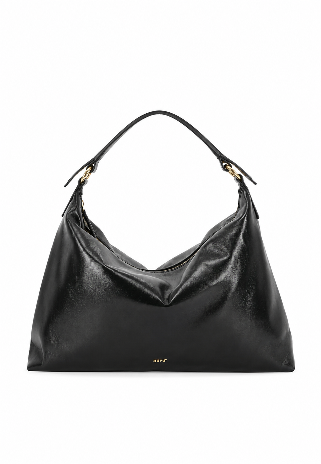 A black leather slouchy hobo handbag with gold-tone hardware and a single shoulder strap, photographed against a plain white background.
