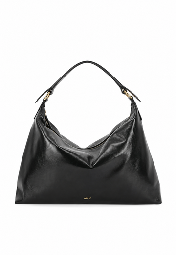 A black leather slouchy hobo handbag with gold-tone hardware and a single shoulder strap, photographed against a plain white background.