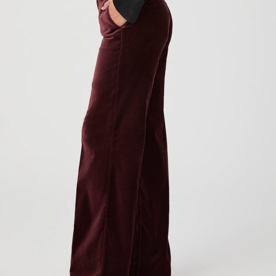 Side view of dark red velvet trousers