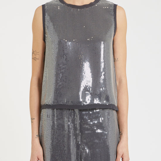 round neck grey sequin sleeveless top