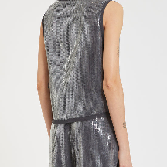 round neck grey sequin sleeveless top rear view