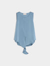 A light blue sleeveless top with a round neckline and an asymmetrical draped hem, shown flat against a light gray background.