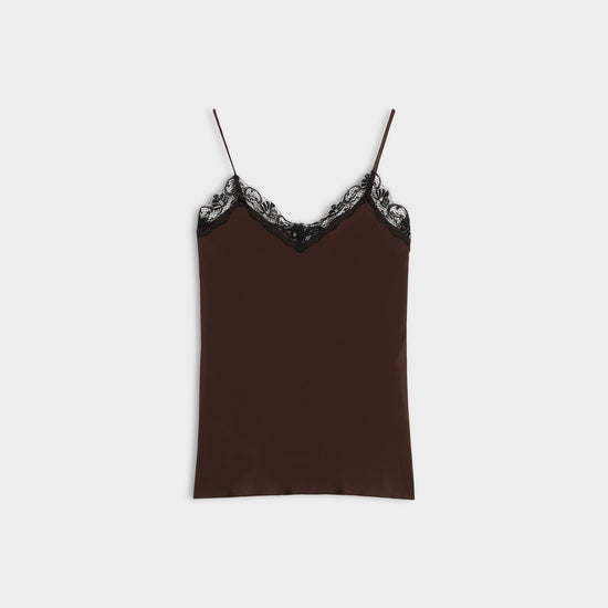 A dark brown satin camisole top with thin straps and black lace trim along the V-neckline, displayed flat against a light gray background.