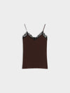 A dark brown satin camisole top with thin straps and black lace trim along the V-neckline, displayed flat against a light gray background.