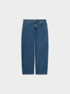 A pair of medium wash blue denim jeans shown flat against a light gray background.