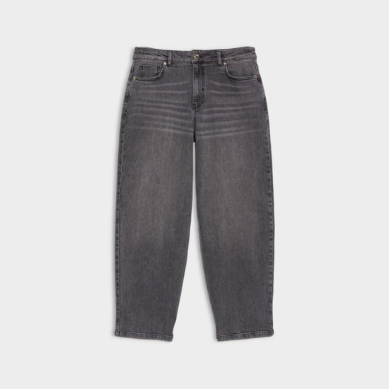 grey barrel leg jeans on white background