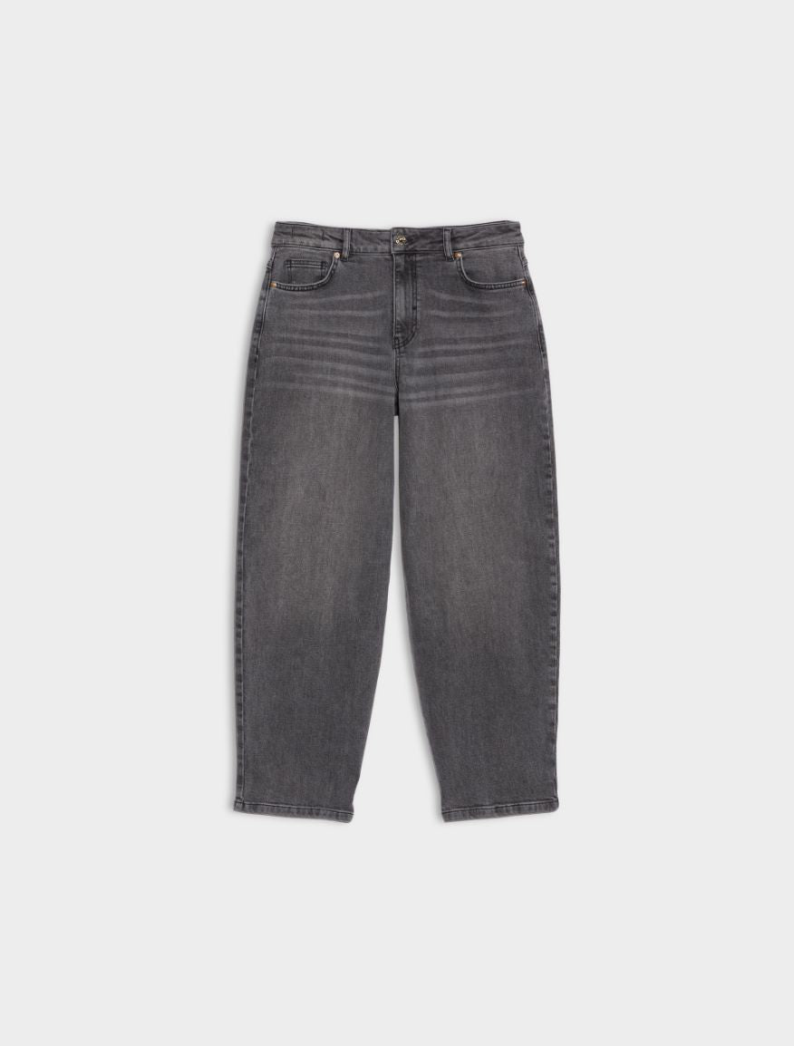 grey barrel leg jeans on white background