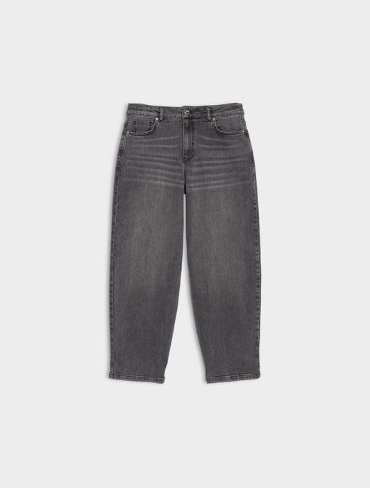 grey barrel leg jeans on white background