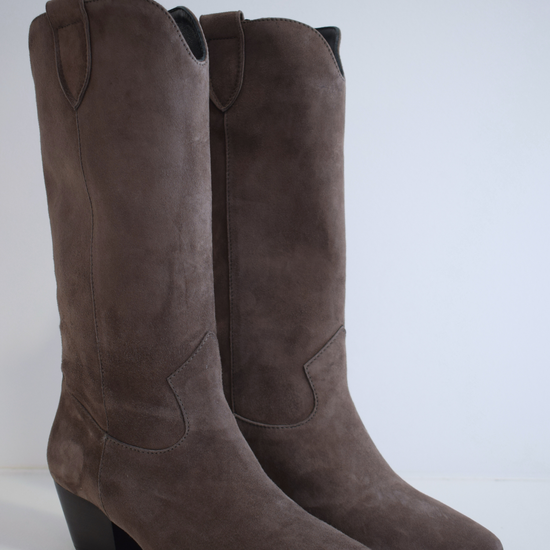 Dark taupe grey mid length cowboy inspired boot