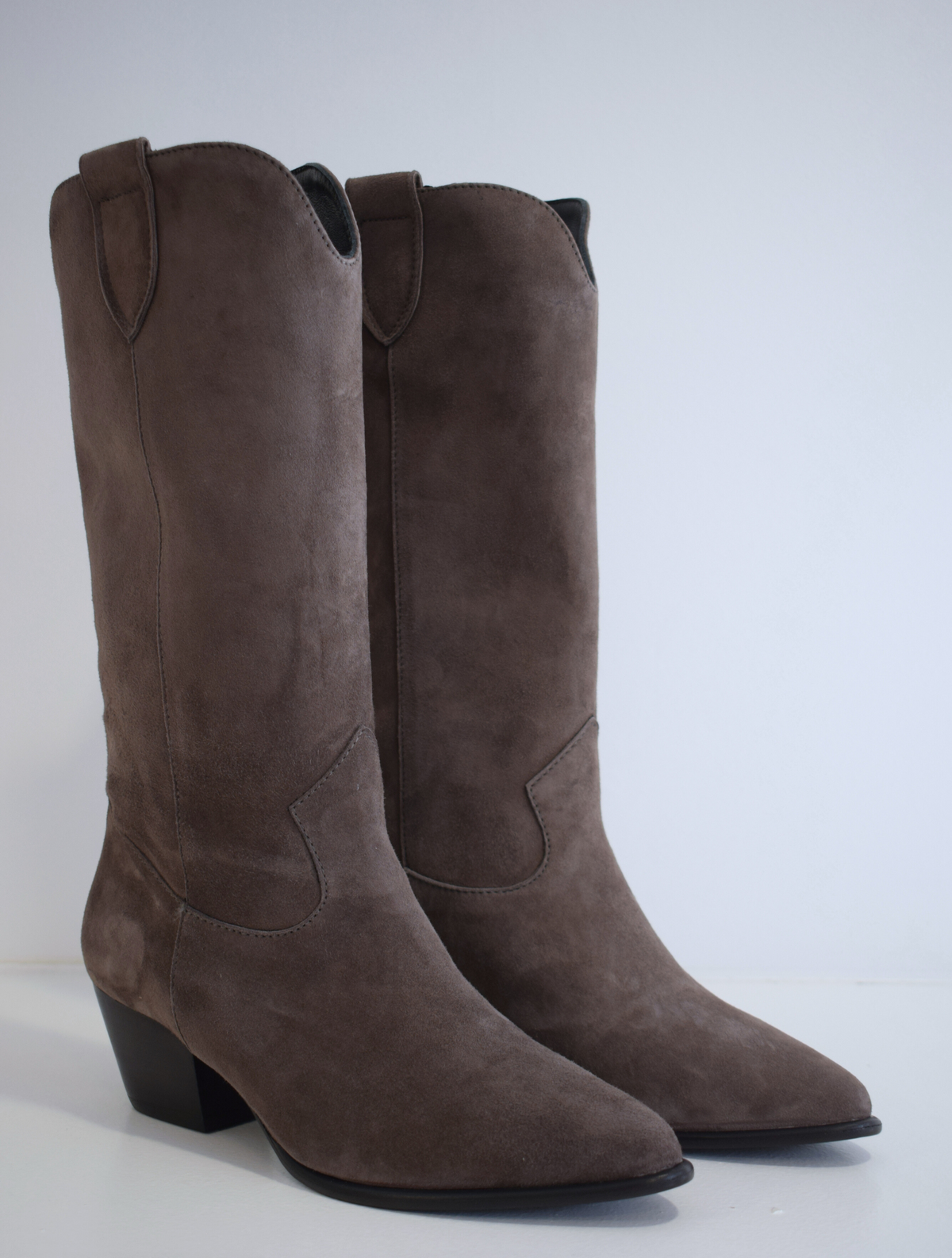 Dark taupe grey mid length cowboy inspired boot