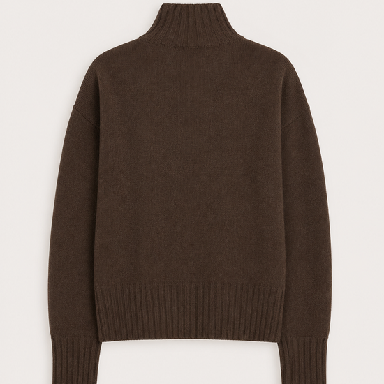 A dark brown knit turtleneck sweater shown from the back, laid flat against a light off-white background.