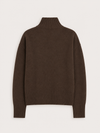 A dark brown knit turtleneck sweater shown from the back, laid flat against a light off-white background.