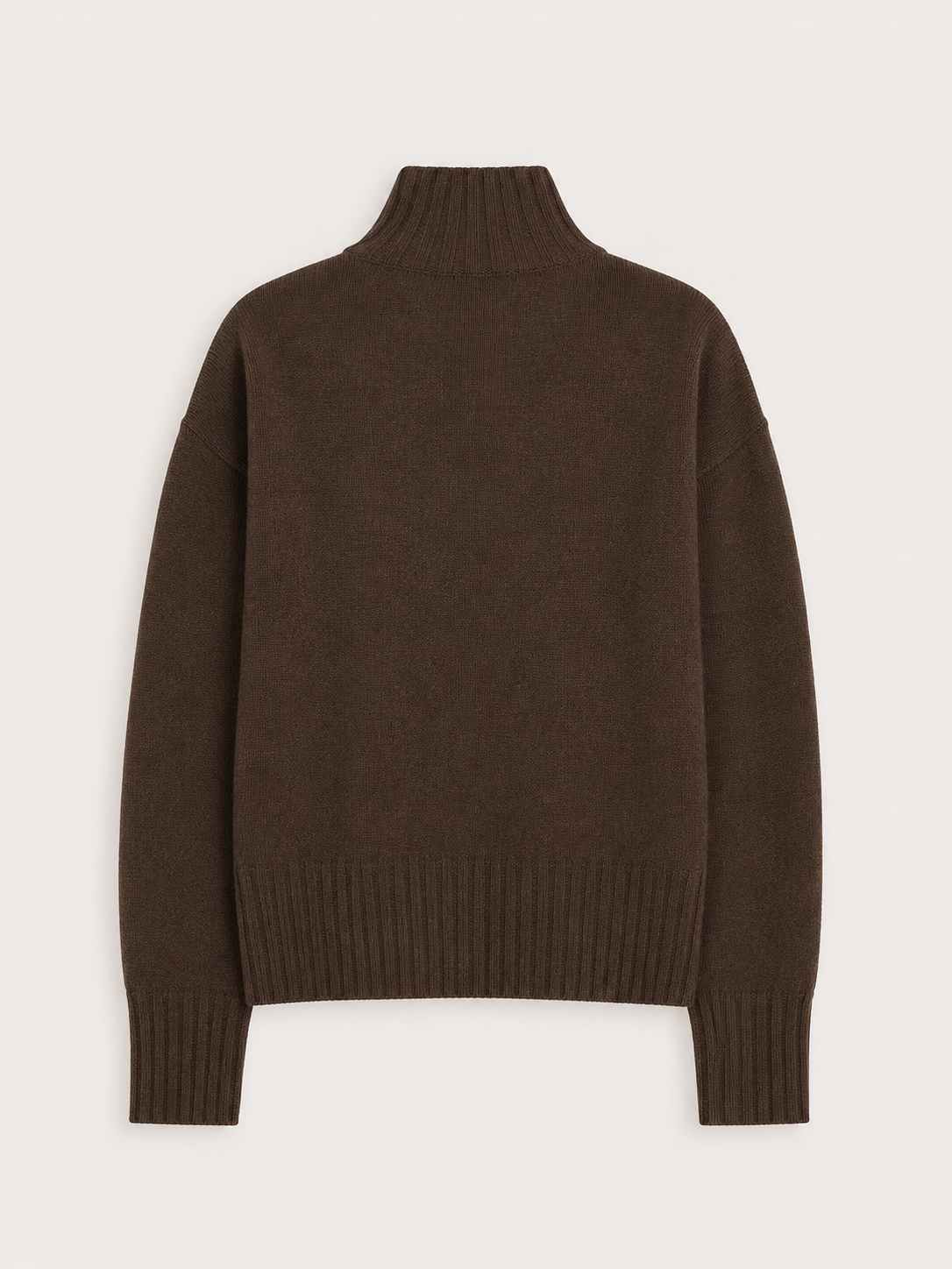 A dark brown knit turtleneck sweater shown from the back, laid flat against a light off-white background.