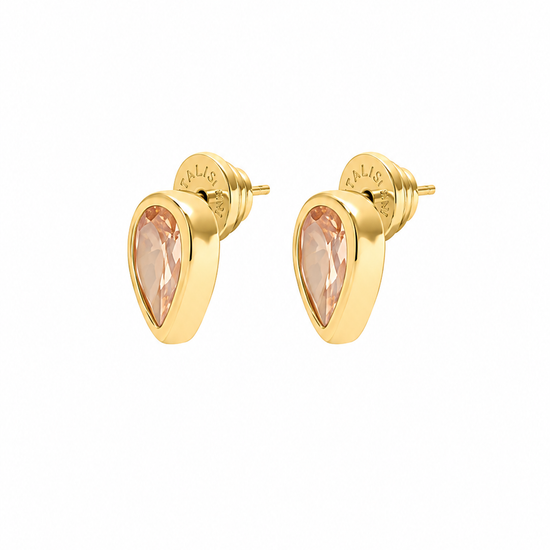 A pair of gold teardrop-shaped stud earrings with pear-cut peach-colored gemstones, set against a plain white background.