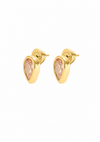 A pair of gold teardrop-shaped stud earrings with pear-cut peach-colored gemstones, set against a plain white background.