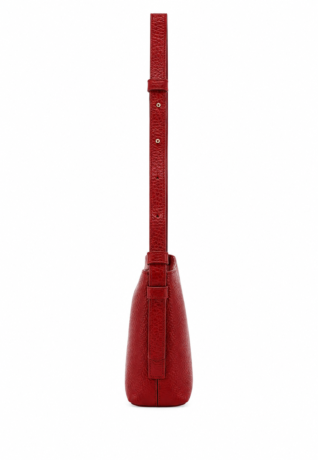 A red textured leather shoulder bag shown from the back, featuring a long matching strap and a vertical strap detail on the back panel, set against a plain white background.