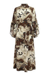 flat lay of brown pattern dress 