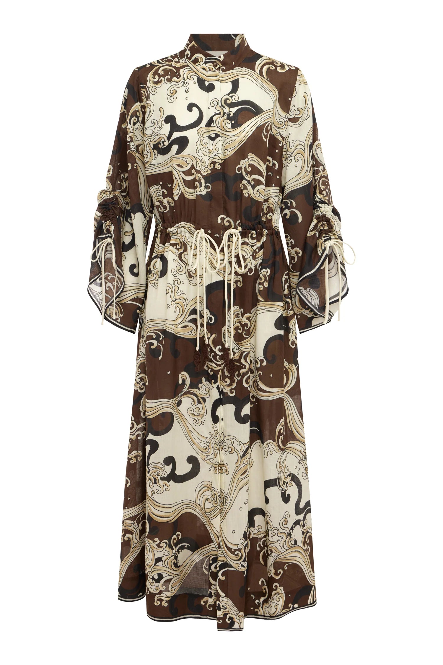flat lay of brown pattern dress 