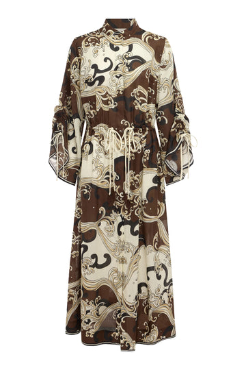 flat lay of brown pattern dress 