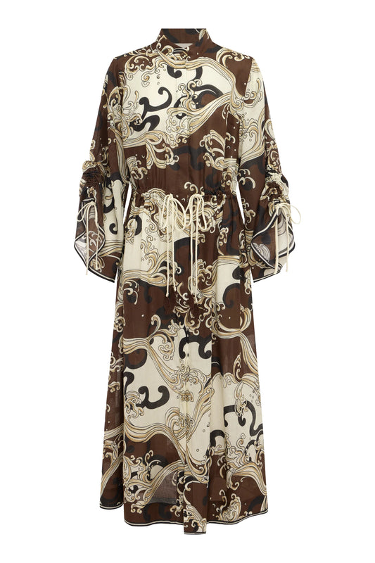 flat lay of brown pattern dress 