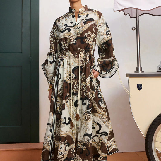 model wearing brown pattern shirtdress