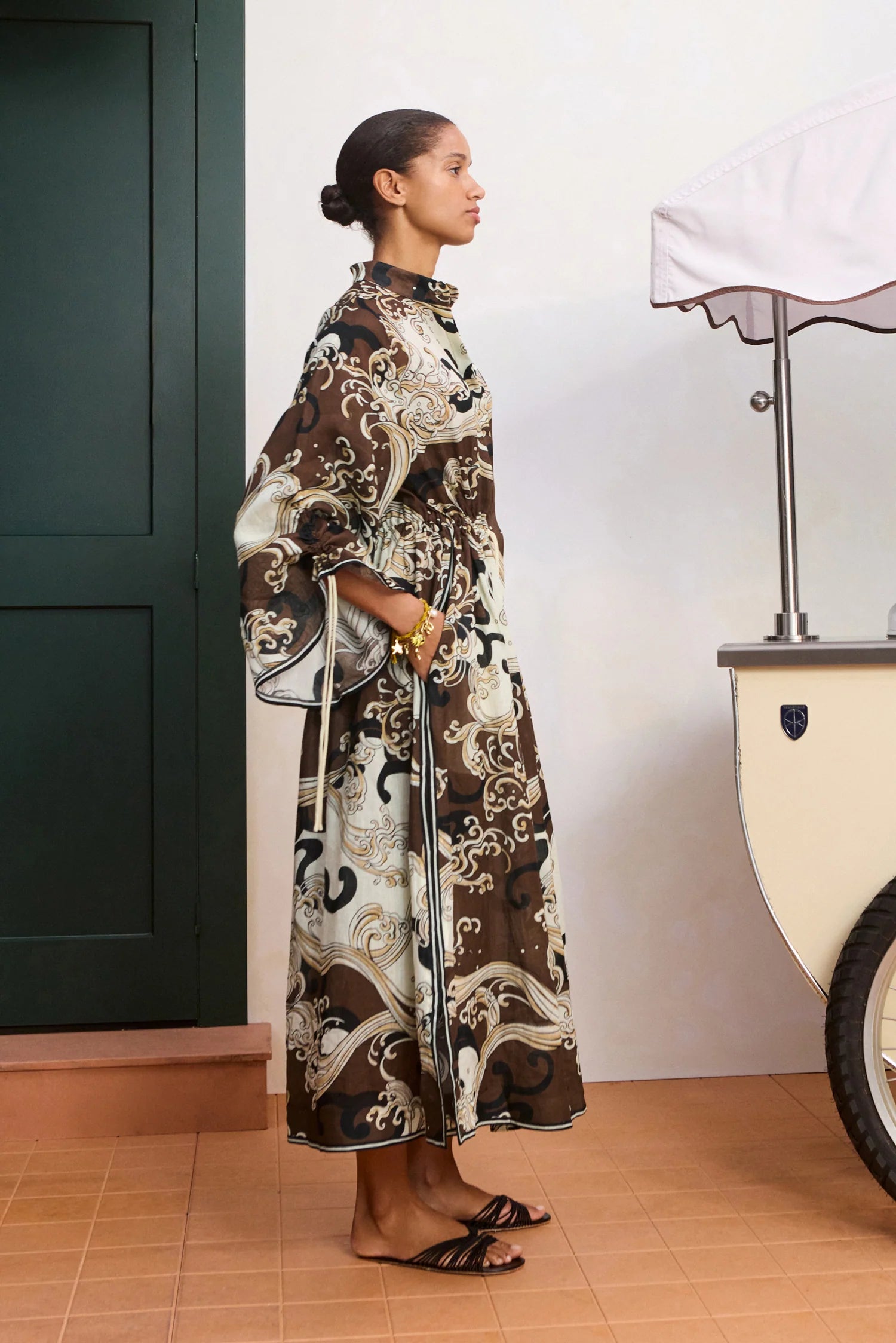side profile of model wearing brown shirtdress
