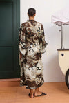 rear view of brown pattern shirtdress