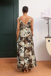 rear view of model wearing brown midi dress