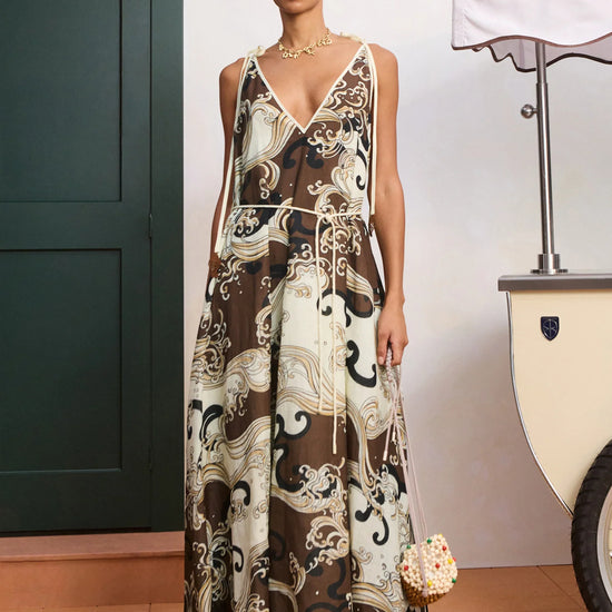 Model wearing brown midi dress