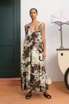 Model wearing brown midi dress