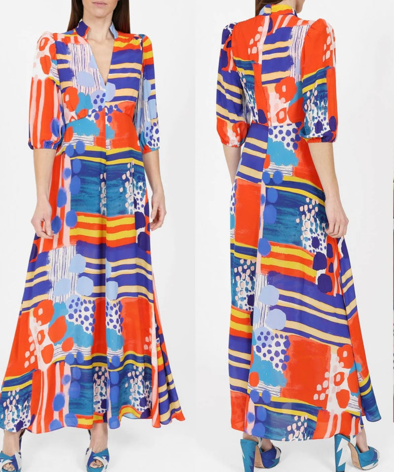 Red blue and yellow tribal inspired printed maxi dress with three quarter length sleeves V neckline and A line maxi skirt with stand up collar