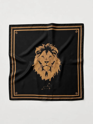 A square black scarf featuring a large gold lion head illustration in the center, bordered by double gold stripes and small gold decorative motifs in the corners, laid flat against a light gray background.