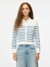 white long sleeve collar cardigan with blue horizontal stripes and gold buttons model