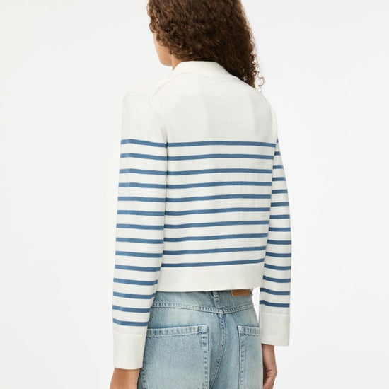 white long sleeve collar cardigan with blue horizontal stripes and gold buttons model rear