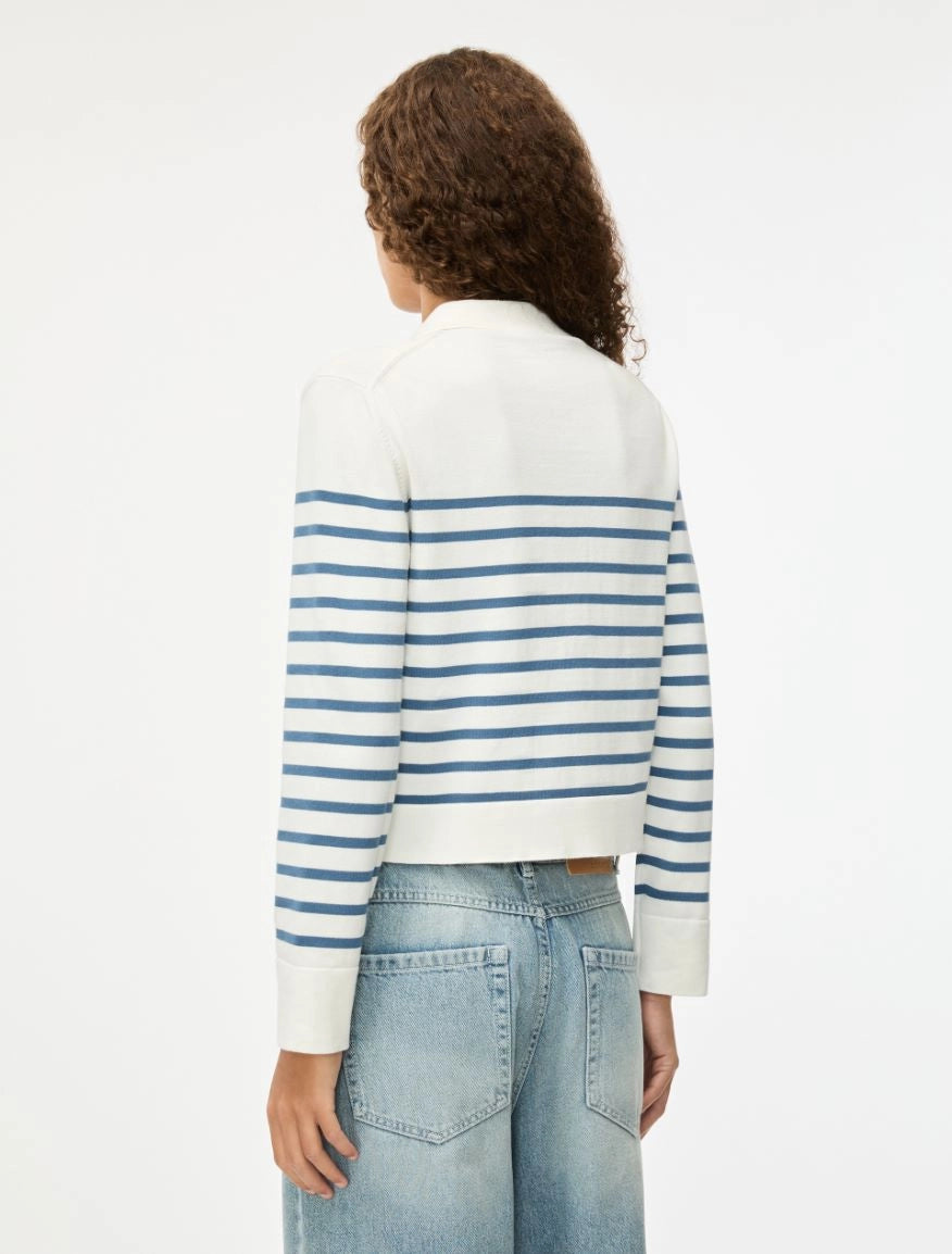 white long sleeve collar cardigan with blue horizontal stripes and gold buttons model rear