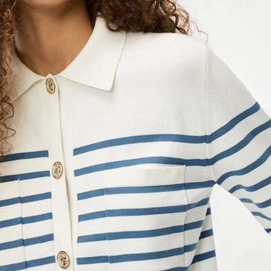 white long sleeve collar cardigan with blue horizontal stripes and gold buttons close up