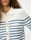 white long sleeve collar cardigan with blue horizontal stripes and gold buttons close up