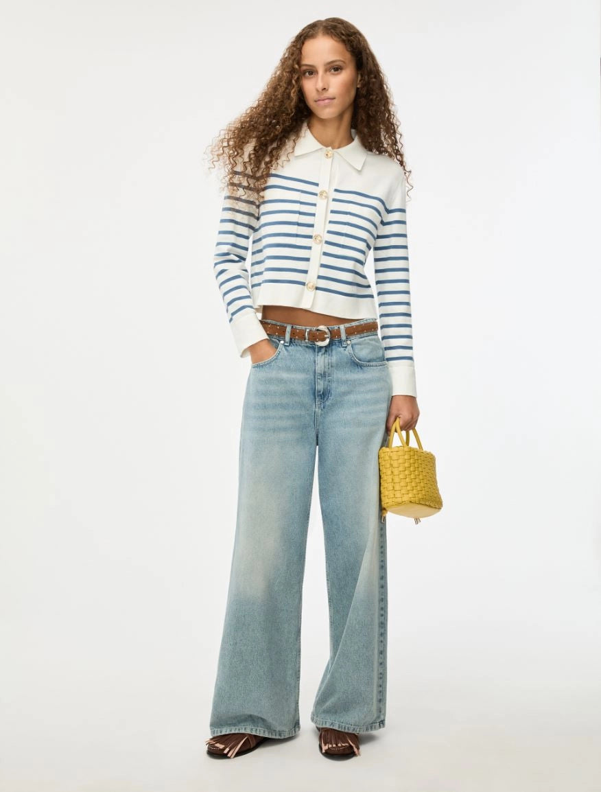 white long sleeve collar cardigan with blue horizontal stripes and gold buttons model