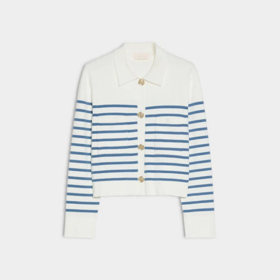 white long sleeve collar cardigan with blue horizontal stripes and gold buttons