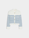 white long sleeve collar cardigan with blue horizontal stripes and gold buttons