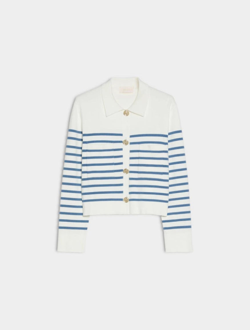 white long sleeve collar cardigan with blue horizontal stripes and gold buttons