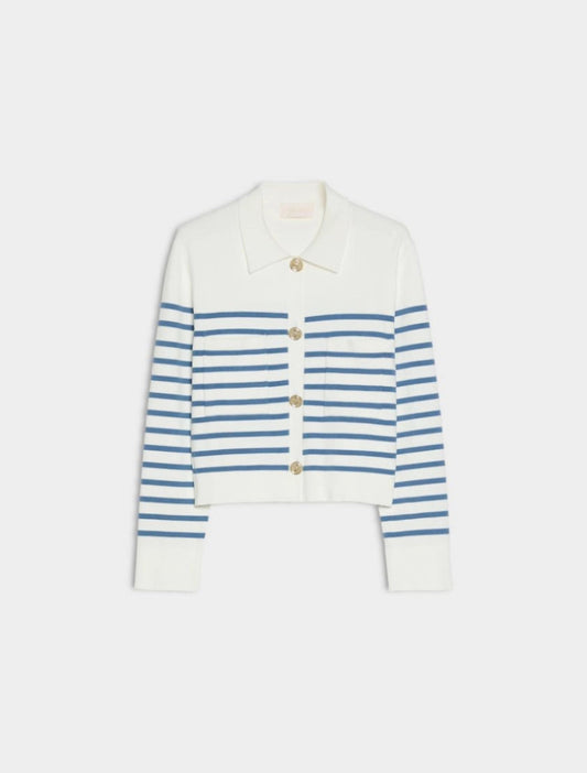 white long sleeve collar cardigan with blue horizontal stripes and gold buttons